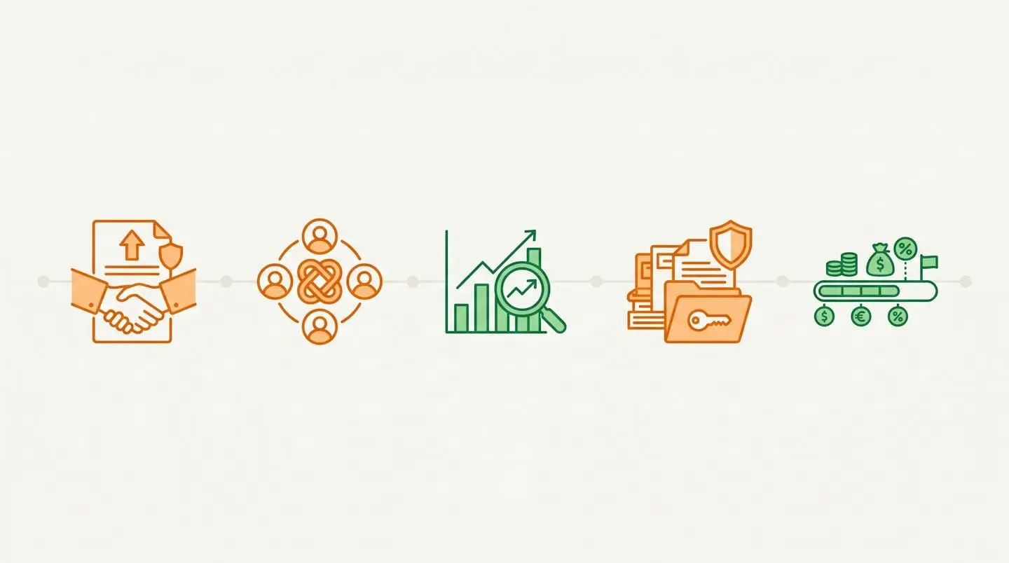 Outils de transmission d'entreprise représentés par cinq icônes colorées